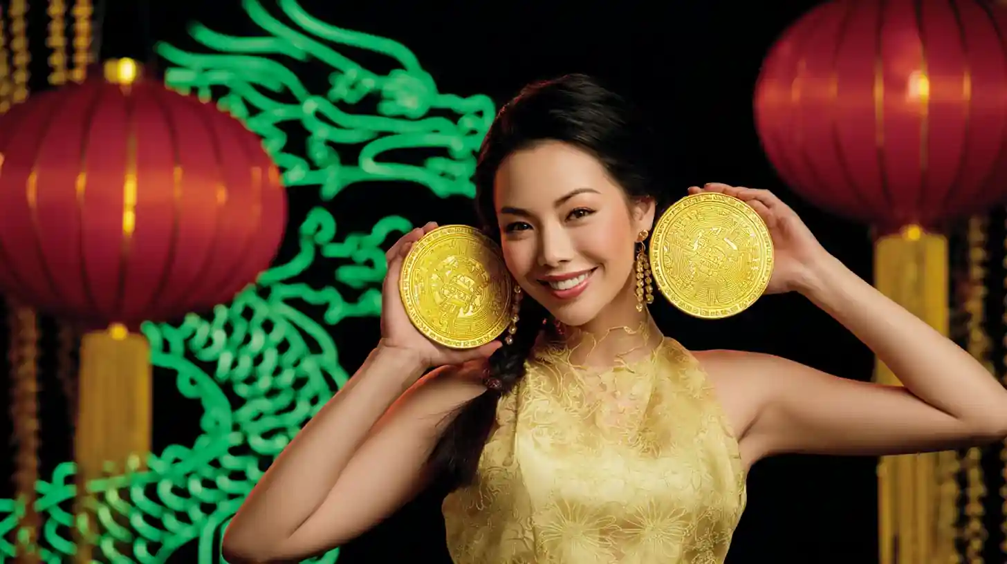 หญิงสาวยิ้มกับจานทองคำและโคมไฟจีนในประเทศไทย