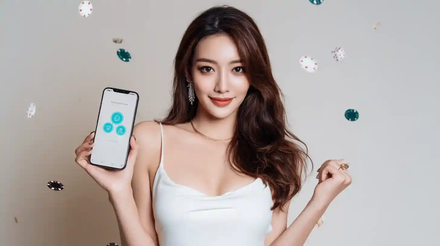 หญิงเอเชียแสดงโทรศัพท์มือถือและชิปโป๊กเกอร์ในมือ