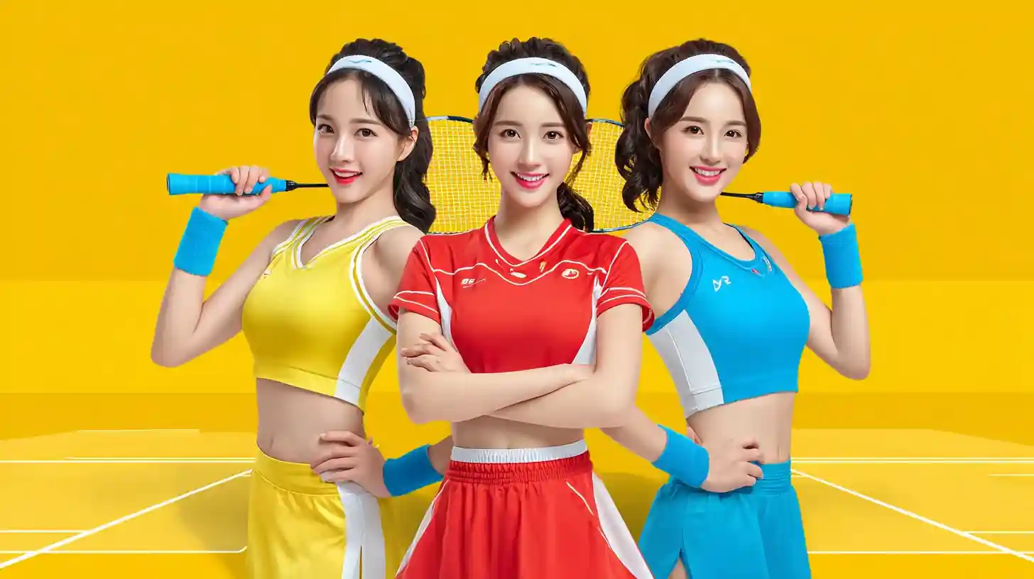สาวไทยสามคนใส่ชุดกีฬาแบดมินตันพร้อมอุปกรณ์กีฬา